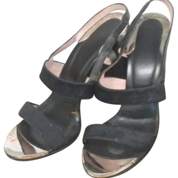 L Vuitton black chrome silver open toe logo pumps - Picture 2 of 7